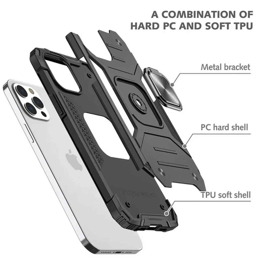 New Rugged iPhone 13 Pro Max Case Heavy Duty Armor Cover with Ring Stand Black